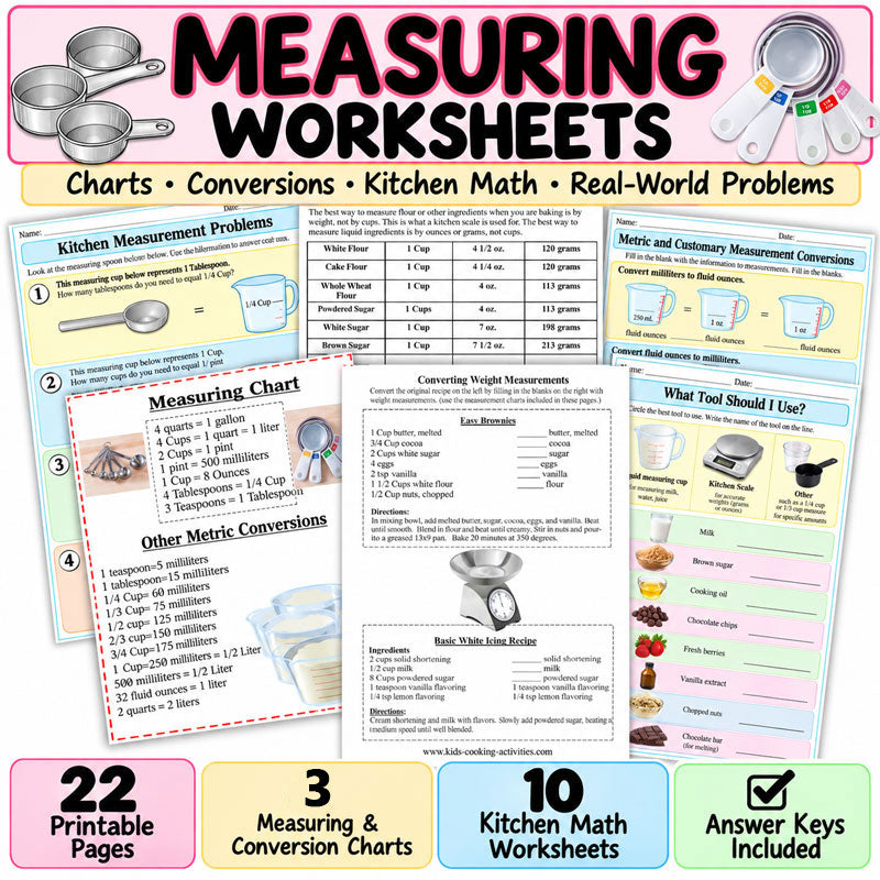 Kitchen measurement and conversion worksheets for kids