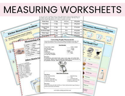 Cooking measurement worksheets with cups pints quarts gallons and metric conversion