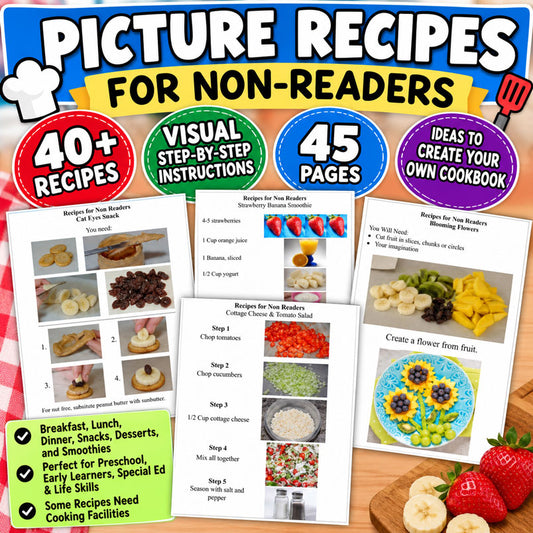Picture Recipes for Non-Readers printable visual cookbook with 40+ recipes for kids