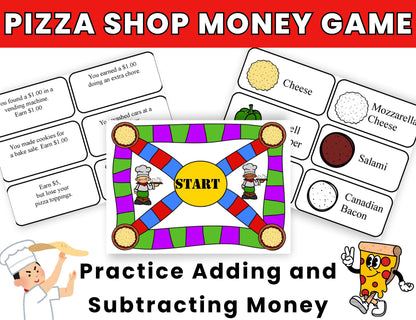 Pizza Shop Money Game-Printable Board Game Adding and Subtracting Money Practice-Digital Download