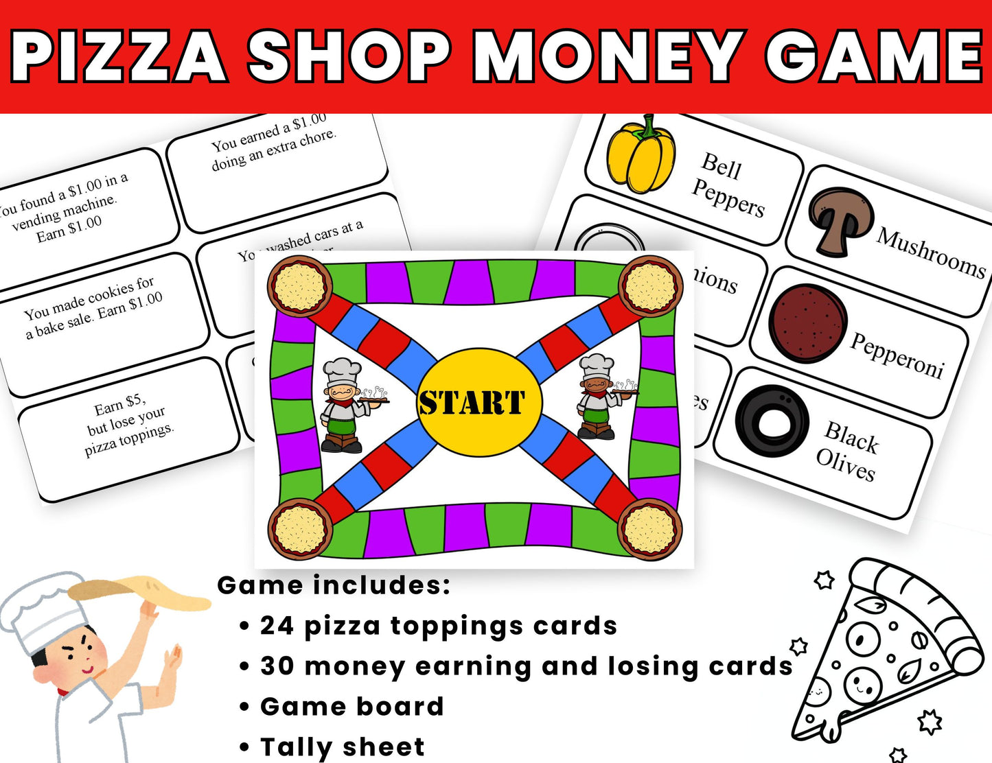 Pizza Shop Money Game-Printable Board Game Adding and Subtracting Money Practice-Digital Download