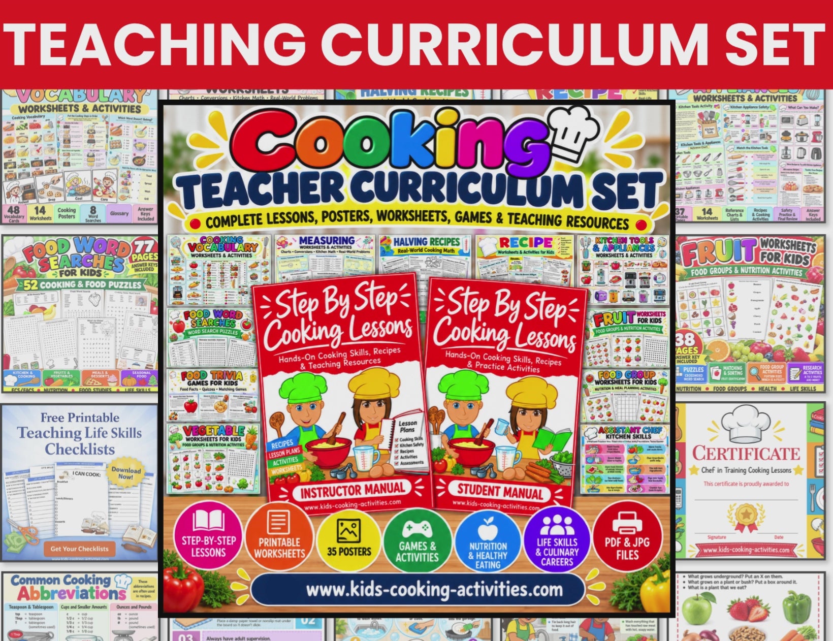 Cooking Teacher Curriculum Set with instructor and student manuals, 35 posters, 12 worksheet sets 