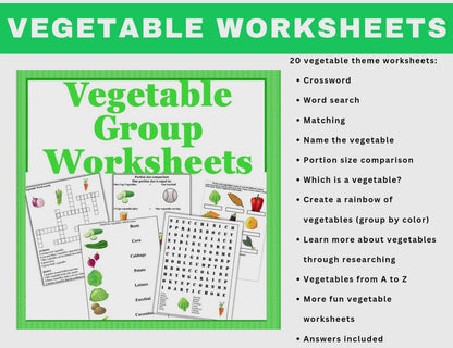 Vegetable Food Group Learning Worksheets-Vegetable Theme Printables-Digital Download