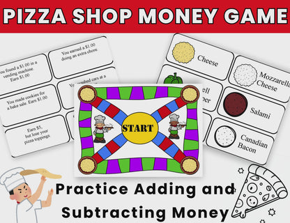 Pizza Shop Money Game-Printable Board Game Adding and Subtracting Money Practice-Digital Download