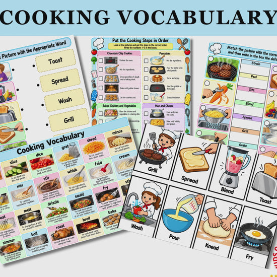 Printable cooking vocabulary cards with illustrated cooking terms