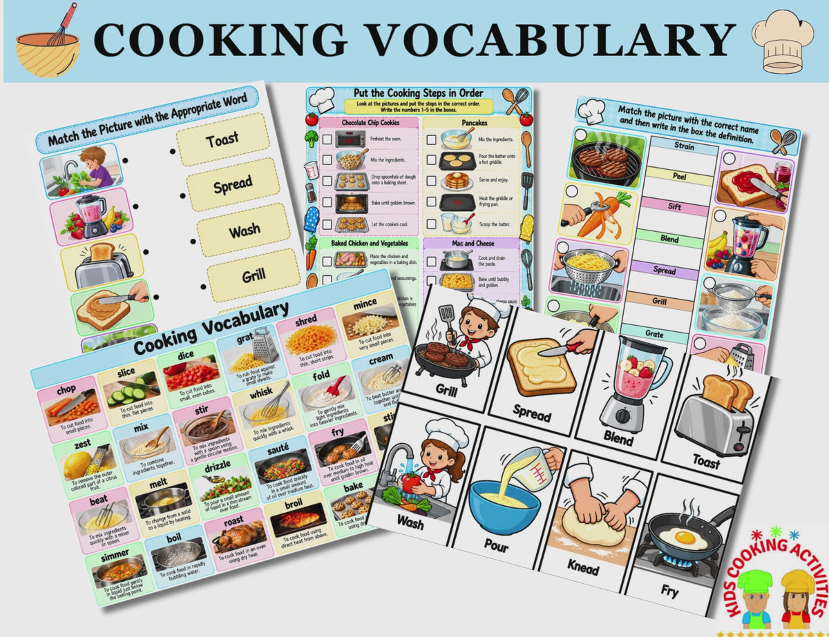 Printable cooking vocabulary cards with illustrated cooking terms
