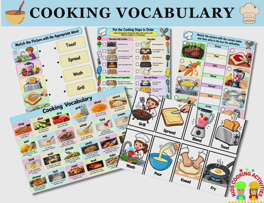 Printable cooking vocabulary cards with illustrated cooking terms