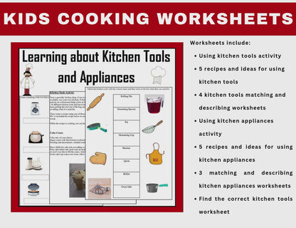 Learning about Kitchen Tools and Appliances- Cooking Utensils Worksheets-Digital Download