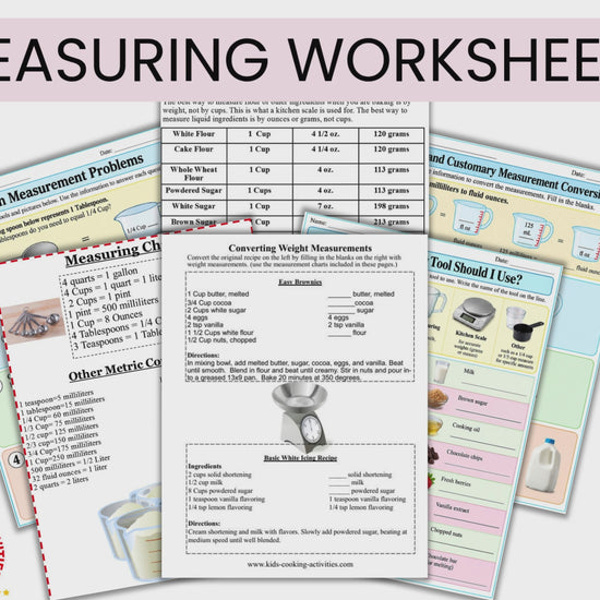 Printable kitchen math worksheets with measurement charts