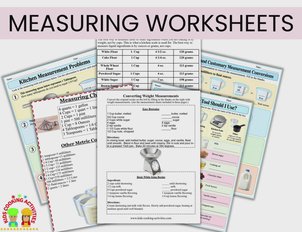 Printable kitchen math worksheets with measurement charts