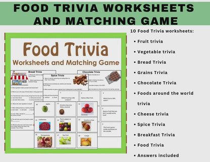 Food Trivia Worksheets and Matching Card Game-Digital Download