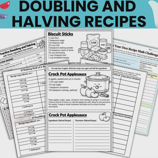 Recipe math worksheets with measuring charts and answer keys