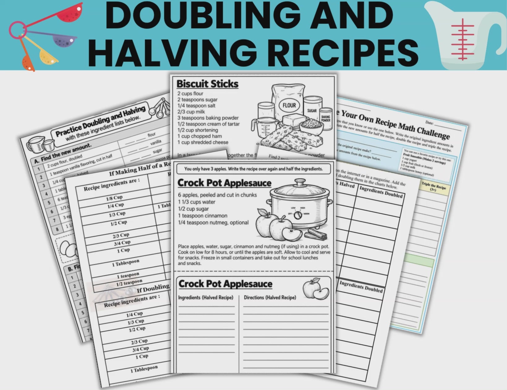 Recipe math worksheets with measuring charts and answer keys