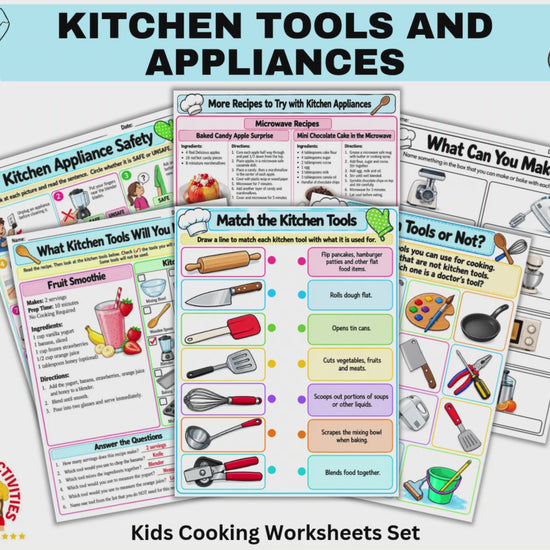 Printable kitchen tools and appliances worksheets for kids with matching and identification activities