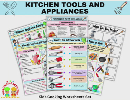Printable kitchen tools and appliances worksheets for kids with matching and identification activities