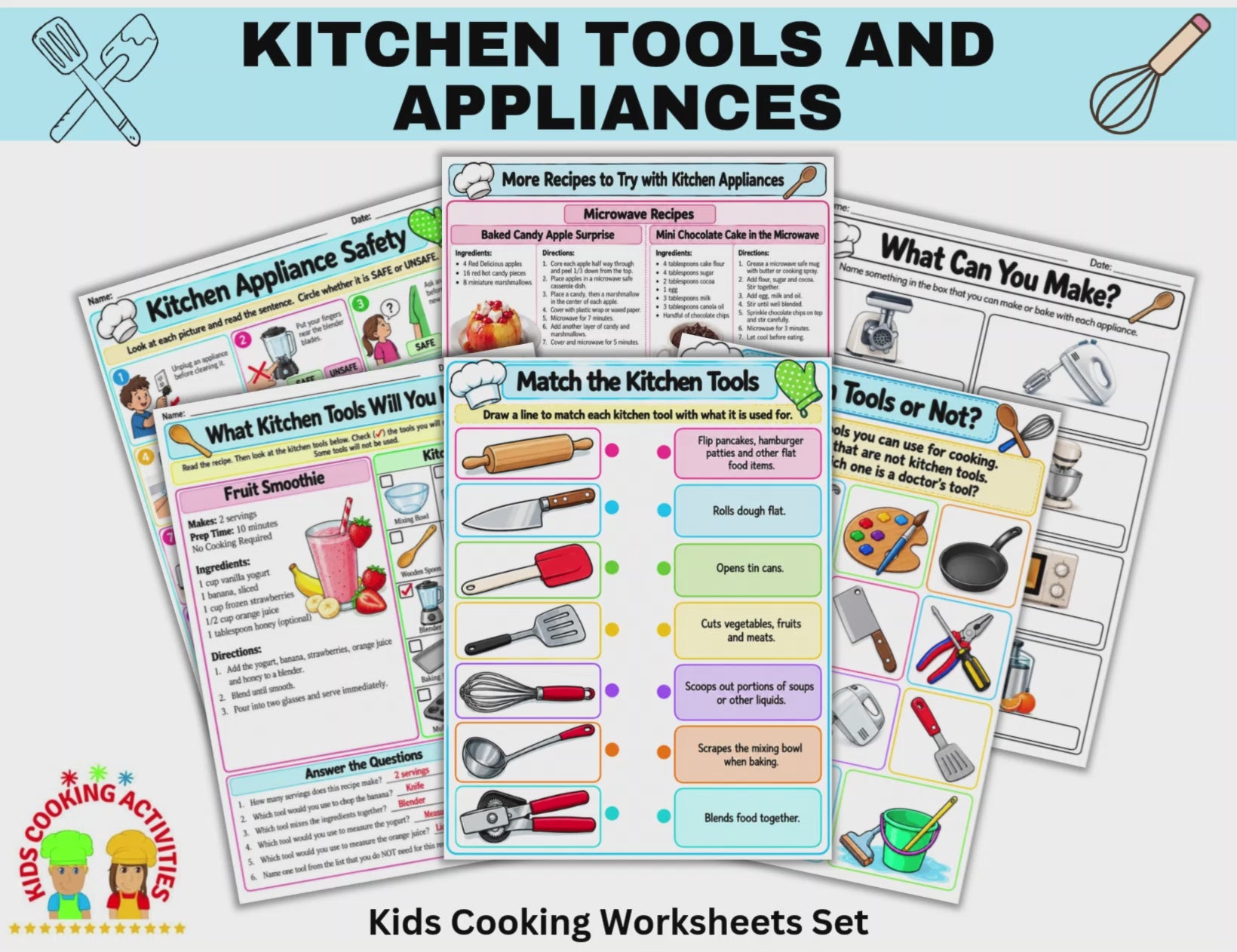 Printable kitchen tools and appliances worksheets for kids with matching and identification activities