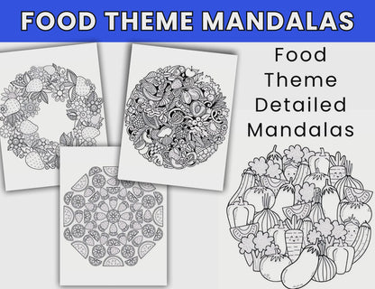 Food-Themed Mandala Detailed Coloring Pages-30 Coloring Food Mandalas- Digital Download