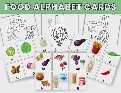 Food Alphabet Cards, Game and Coloring Sheets-Educational A-Z Food-Themed Letter Cards-Digital Download