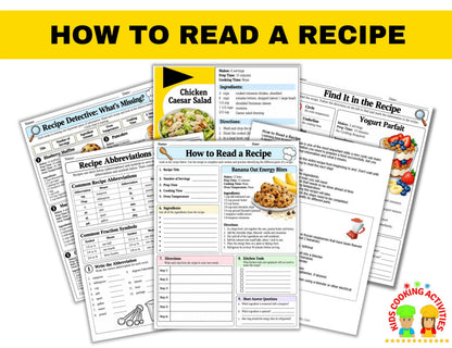 Kids recipe reading activities with ingredients directions and servings
