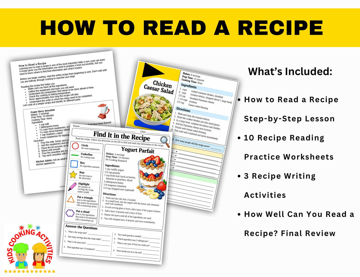 Recipe reading comprehension worksheets for cooking and life skills