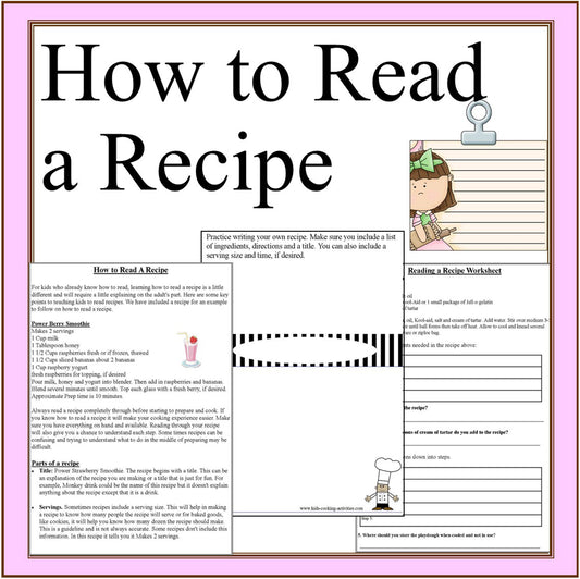 How to Read a Recipe Activity Worksheets-Cooking & Reading Skills for Kids-Digital Download