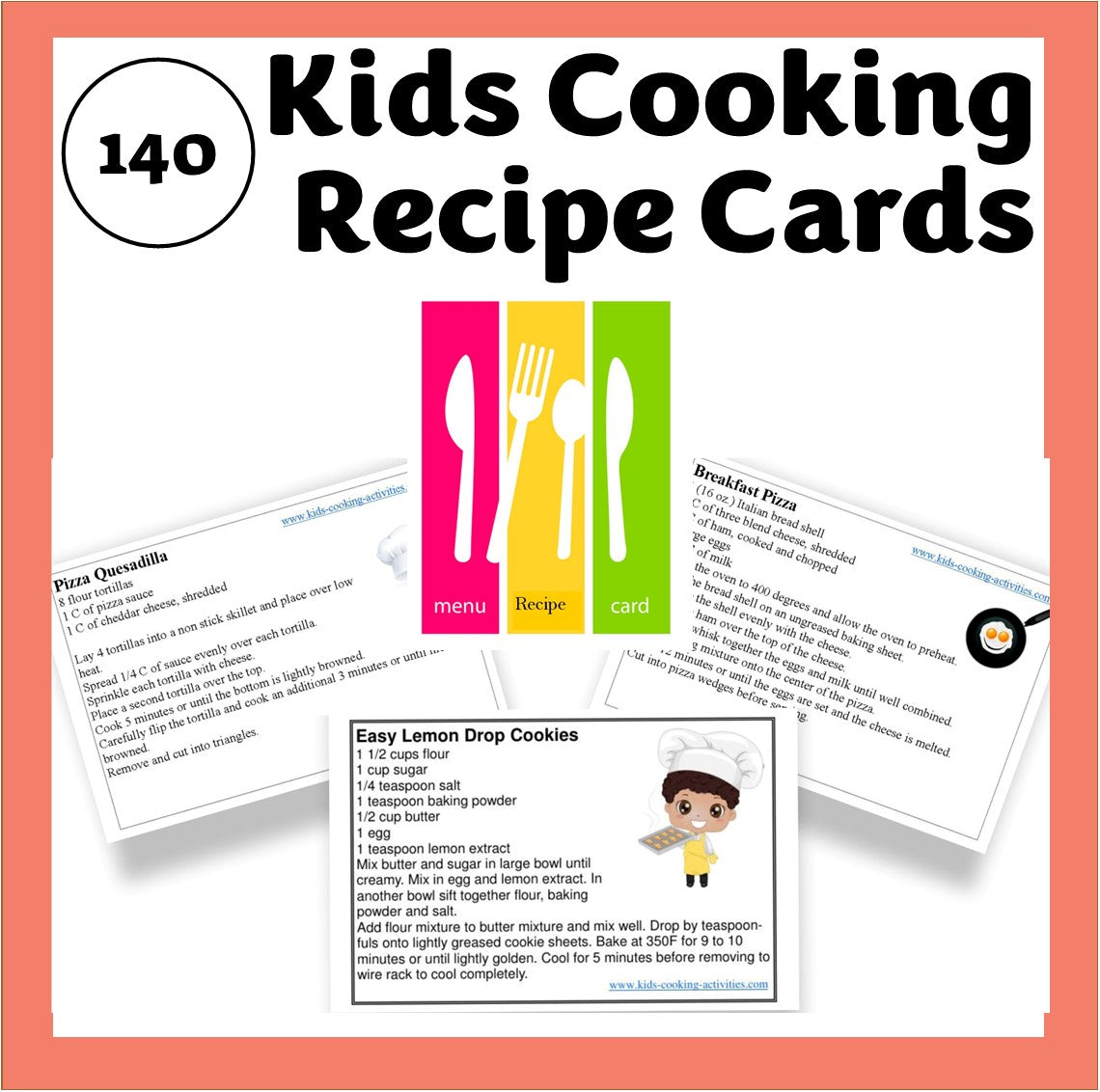 Kids Cooking Recipe Cards Deluxe Set-140 Recipes in 14 Categories-Digital Download