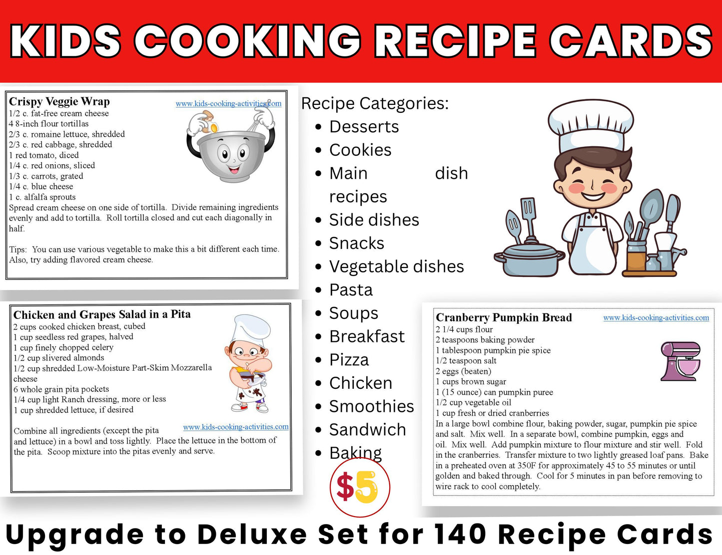 Kids Cooking Recipe Cards Deluxe Set-140 Recipes in 14 Categories-Digital Download