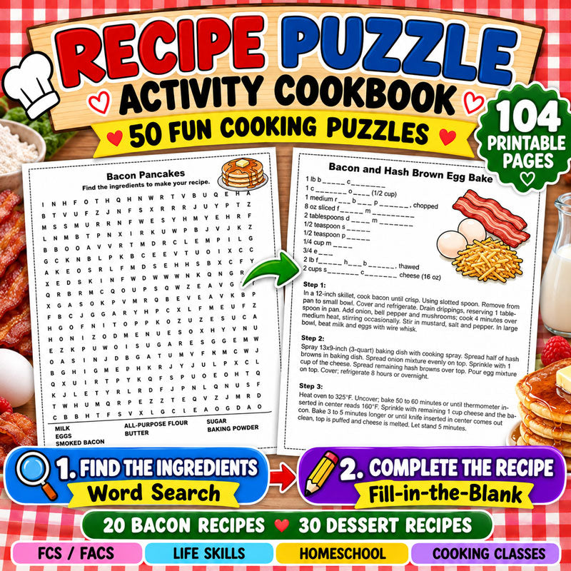 Recipe Puzzle Activity Cookbook with 50 printable cooking puzzles