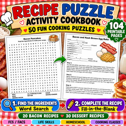 Recipe Puzzle Activity Cookbook with 50 printable cooking puzzles