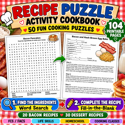 Recipe Puzzle Activity Cookbook with 50 printable cooking puzzles