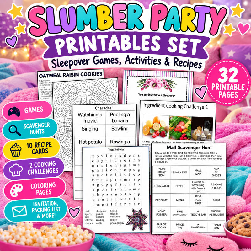Slumber party printables with sleepover games activities and recipe cards