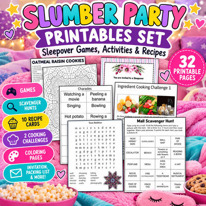 Slumber party printables with sleepover games activities and recipe cards