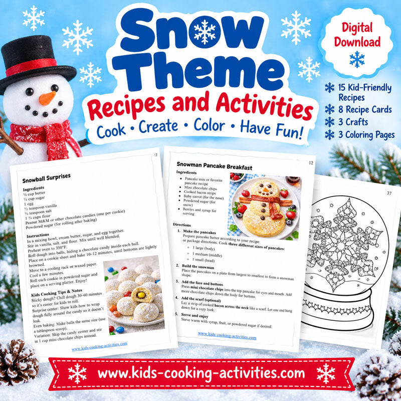 Snowman recipe and activity book for kids with 39 printable winter cooking, craft and coloring pages