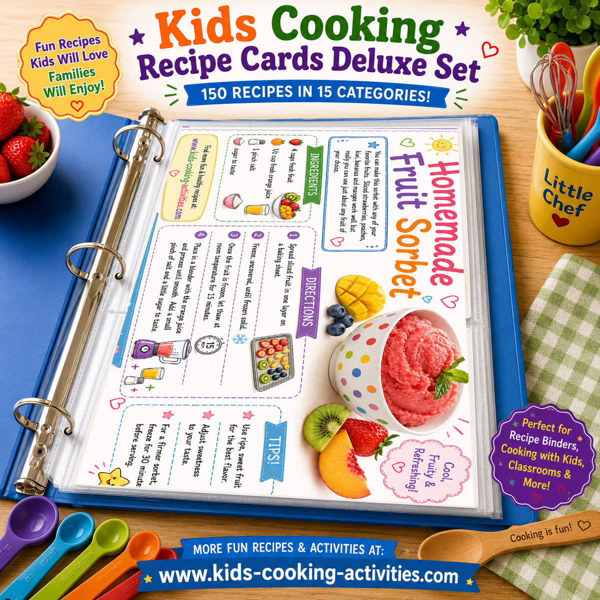 Kids recipe card collection with breakfast dinner snacks and desserts