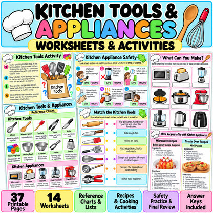 Kitchen Tools and Appliances Worksheets for Kids printable cooking and kitchen safety activities