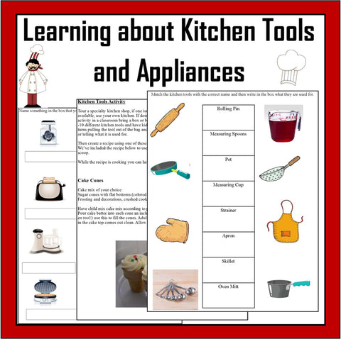Learning about Kitchen Tools and Appliances- Cooking Utensils Worksheets-Digital Download