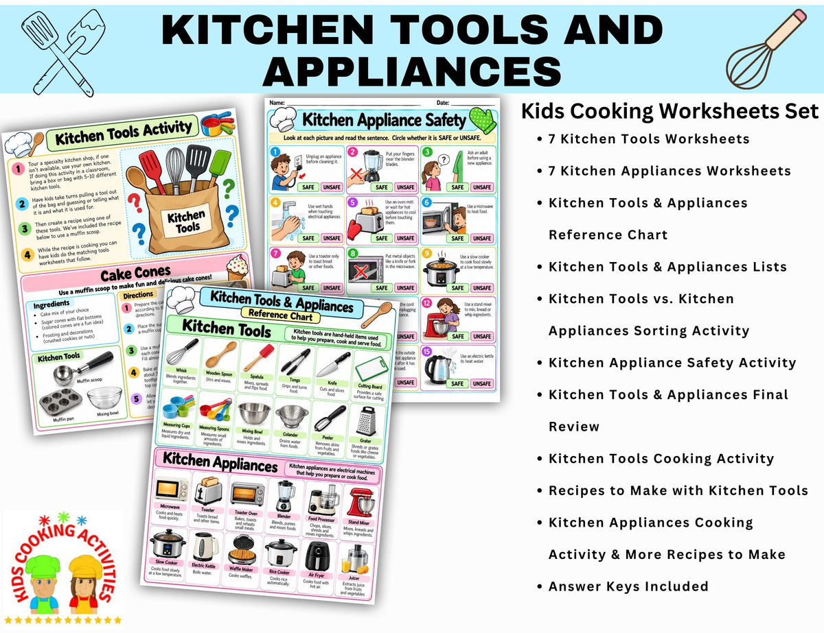 Kitchen appliance safety worksheet for kids with safe and unsafe cooking situations -reference chart with pictures and uses