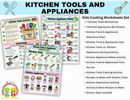 Kitchen appliance safety worksheet for kids with safe and unsafe cooking situations -reference chart with pictures and uses