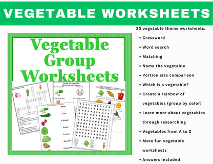 Vegetable Food Group Learning Worksheets-Vegetable Theme Printables-Digital Download