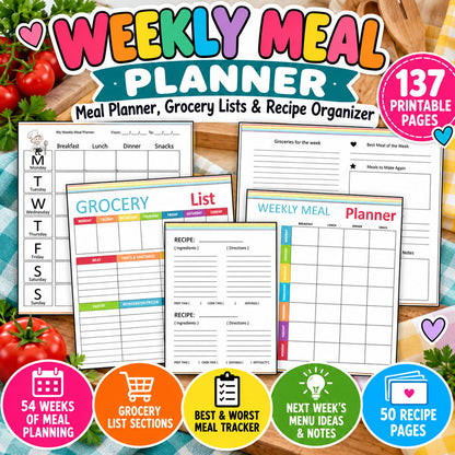 54-week printable meal planner and recipe organizer with grocery lists