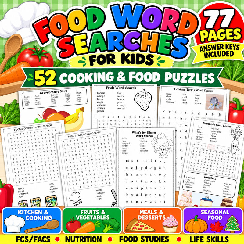 Food Word Searches for Kids with 52 printable cooking and nutrition puzzles