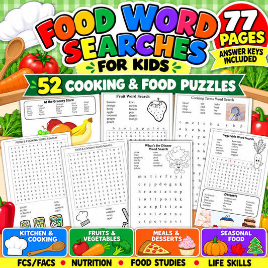 Food Word Searches for Kids with 52 printable cooking and nutrition puzzles