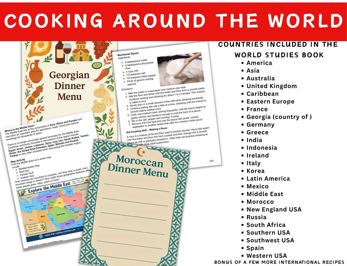 Kids international recipes and geography activities covering 30+ countries and regions