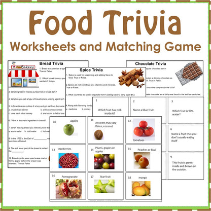 Food Trivia Worksheets and Matching Card Game-Digital Download