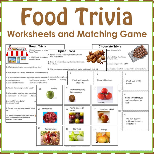 Food Trivia Worksheets and Matching Card Game-Digital Download