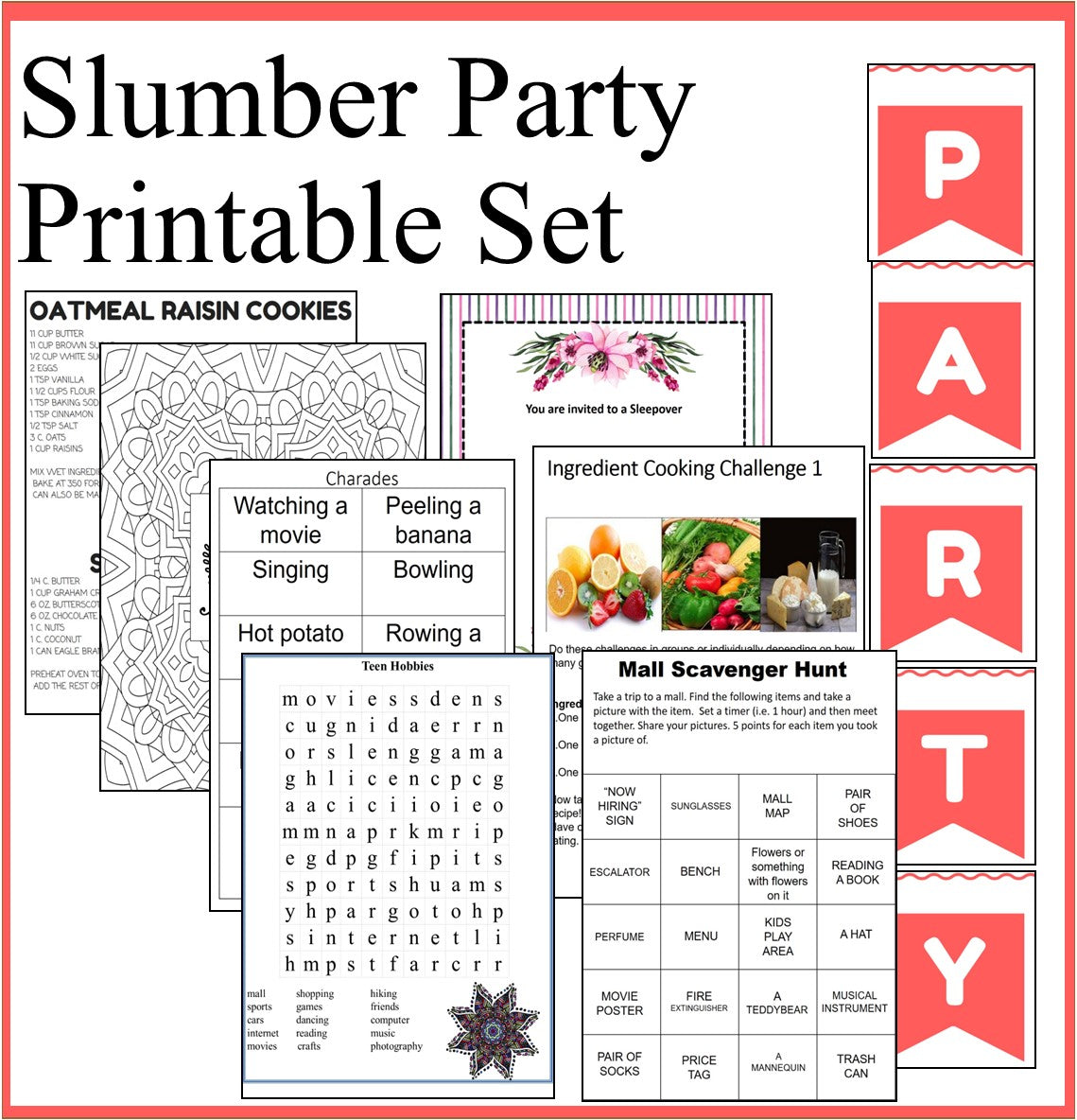 Slumber Party Printables Set- Sleepover Party Games and Slumber Party Recipes-Digital Download