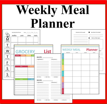 Weekly Menu Planner, Meal Planner Binder Organizer, Printable Weekly Menu Planner with Grocery List, Menu Planning Printables-Digital Download